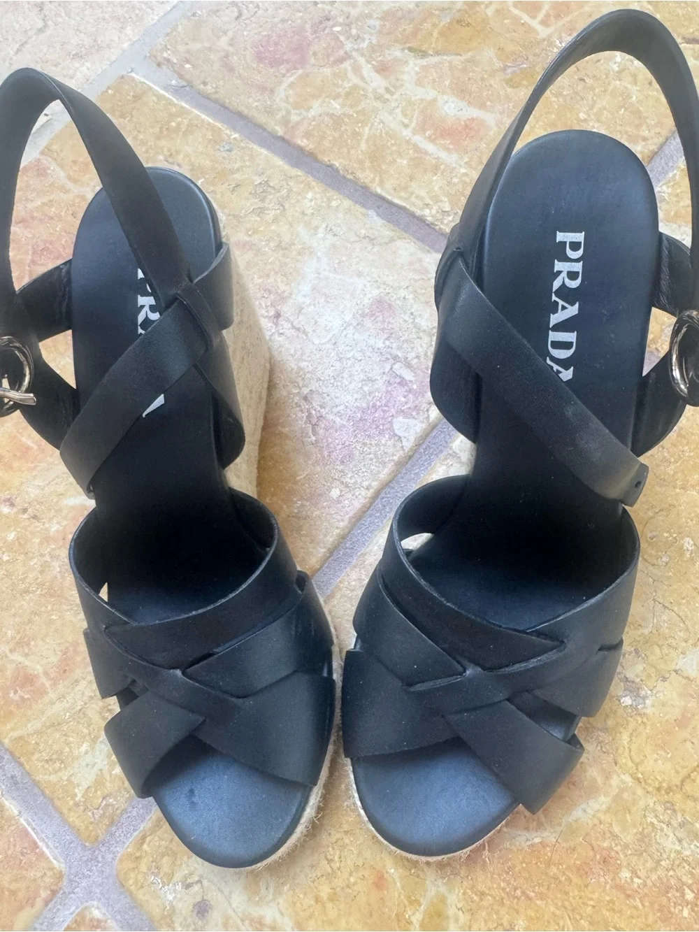 Prada Black Leather Crisscross Espadrille Wedges